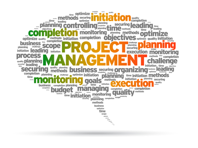 Project Management speech bubble illustration on white background.
